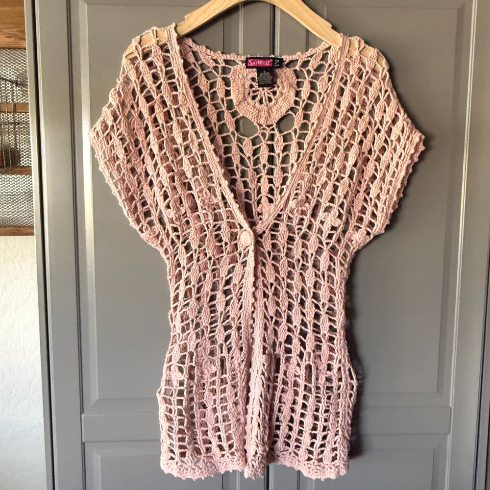 Say What? Vintage Y2K‎ Crochet Button Front Kimono Sleeve Knit Sweater, Pink, S